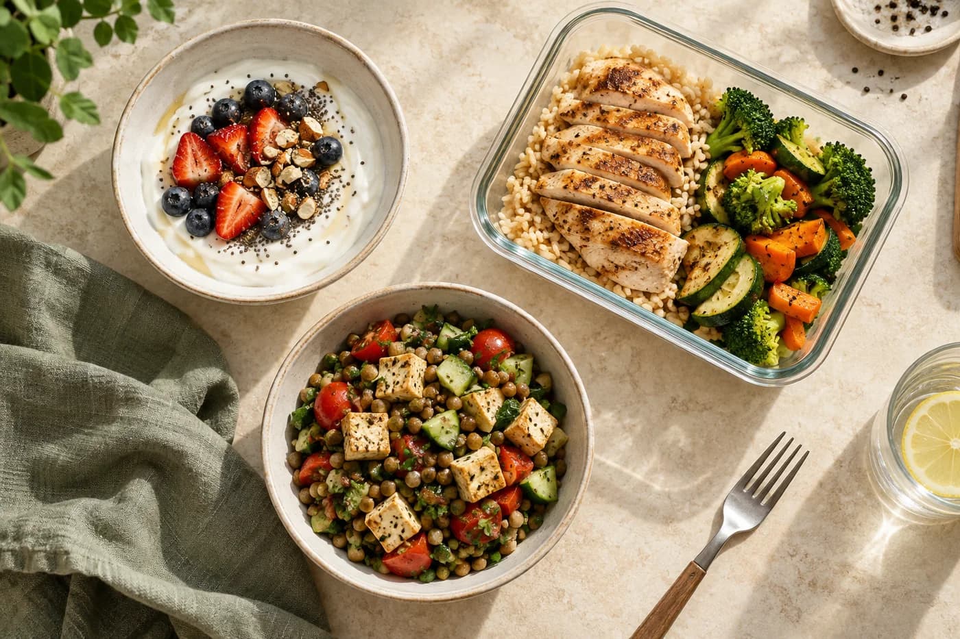 Three everyday meal ideas: yogurt and berries, chicken and rice, and tofu lentil salad