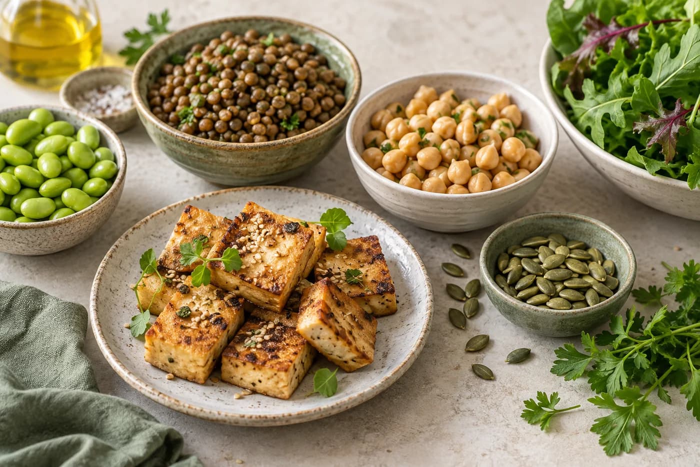 Tofu, lentils, chickpeas and edamame on a kitchen counter